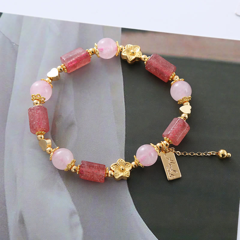 Wear FengShui Strawberry Quartz Pink Crystal Love Heart Flower Positive Bracelet