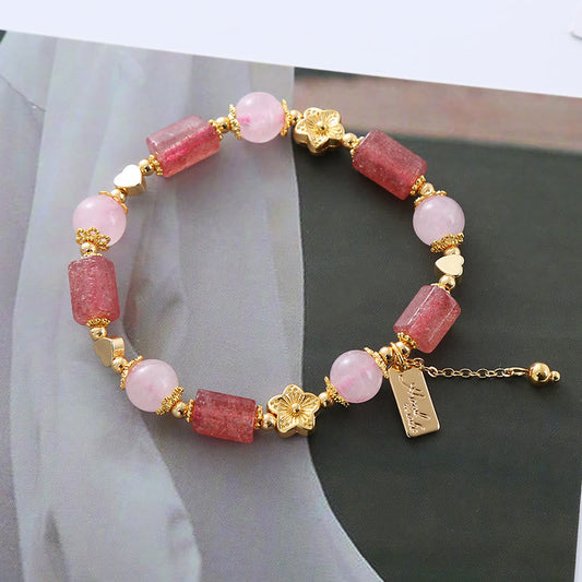 Wear FengShui Strawberry Quartz Pink Crystal Love Heart Flower Positive Bracelet