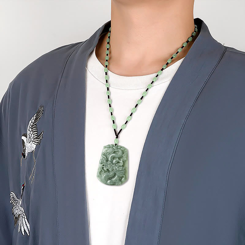 Wear FengShui Year Of The Dragon Chinese Zodiac Dragon Soaring Jade Protection Bead Chain Necklace Pendant