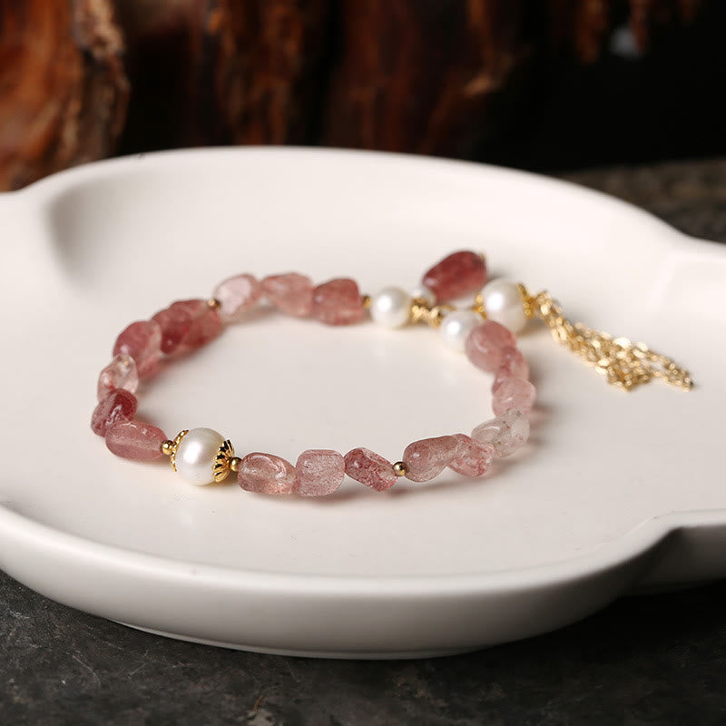 Wear FengShui Natural Strawberry Quartz Pearl 14k Gold Plated Love Healing Bracelet