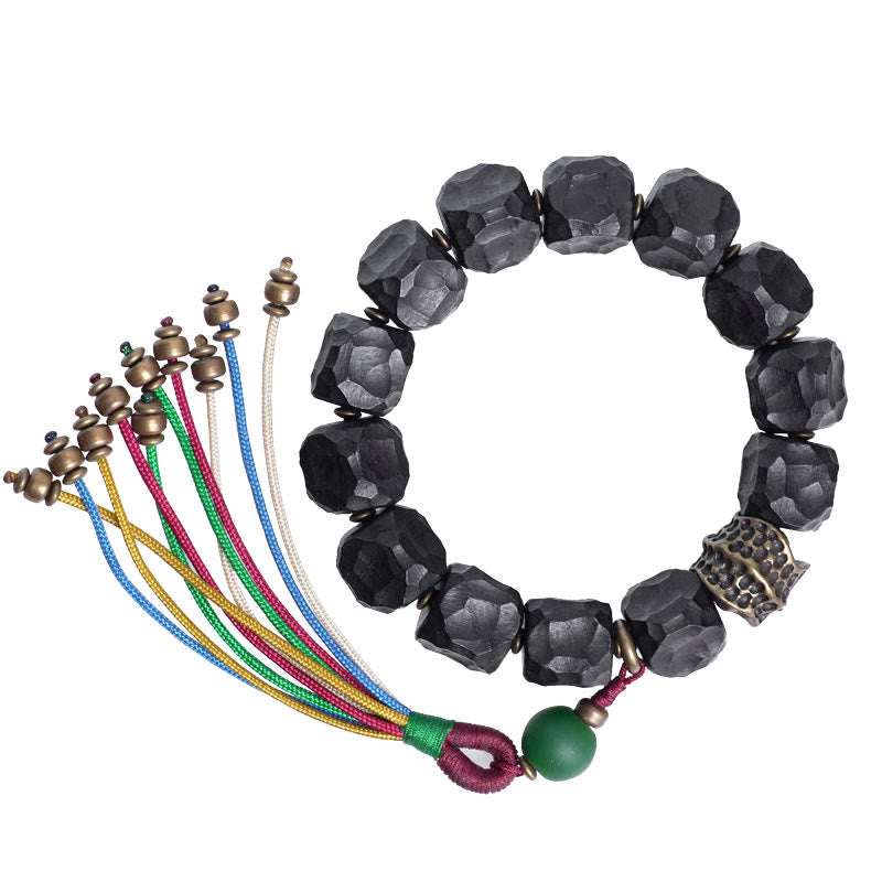Wear FengShui Tibet Ebony Wood Copper Peace Tassel Wrist Mala Bracelet