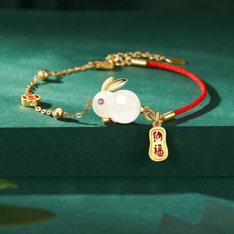 Wear FengShui Year of the Rabbit White Jade Happiness Red String Chain Bracelet