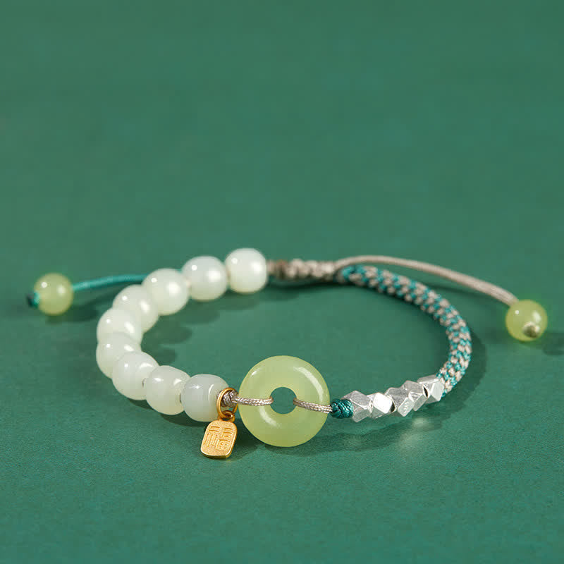 Wear FengShui 925 Sterling Silver Hetian Jade Peace Buckle Beaded Luck Happiness Charm Bracelet