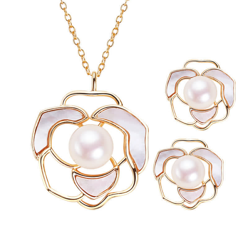 Wear FengShui 925 Sterling Silver Pearl Camellia Pattern Happiness Necklace Pendant Earrings