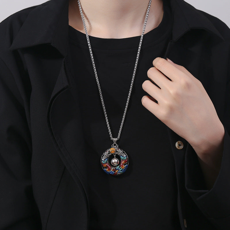 Wear FengShui Year of the Dragon Colorful Double Dragons Playing Bead Copper Protection Necklace Pendant