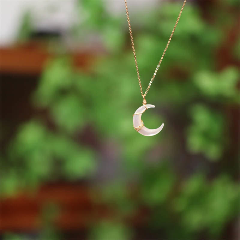 Wear FengShui Natural Tridacna Stone Crescent Moon Blessing Necklace Pendant