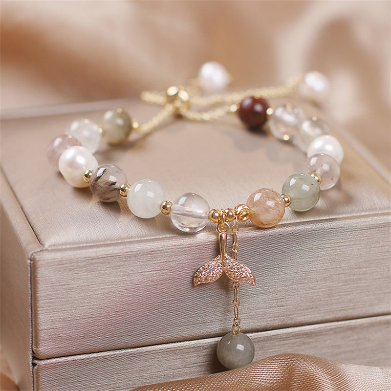 Wear FengShui Strawberry Quartz Rutilated Quartz Fishtail Charm Healing Bracelet