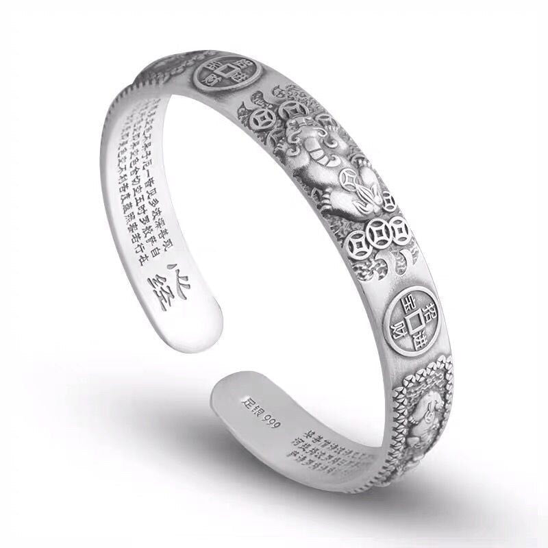 Wear FengShui Tibetan PiXiu Heart Sutra Coin White Copper Wealth Bracelet Adjustable Bangle