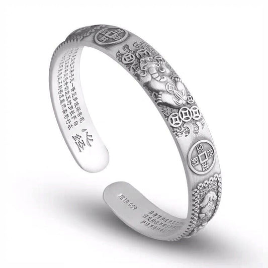 Wear FengShui Tibetan PiXiu Heart Sutra Coin White Copper Wealth Bracelet Adjustable Bangle