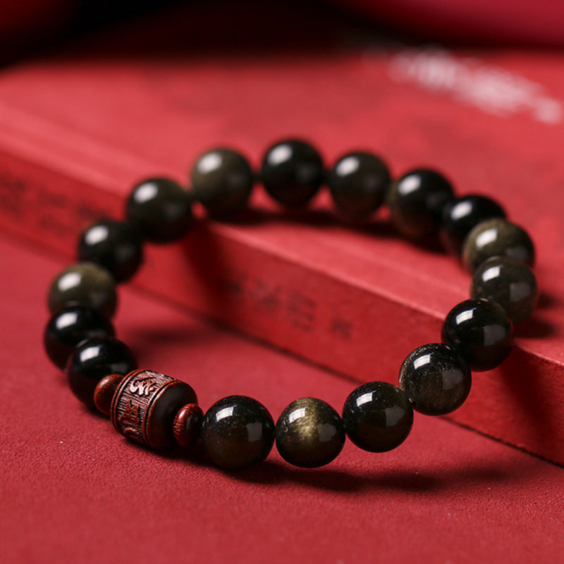 Wear FengShui Natural Gold Sheen Obsidian Rainbow Obsidian Om Mani Padme Hum Fu Character Healing Bracelet