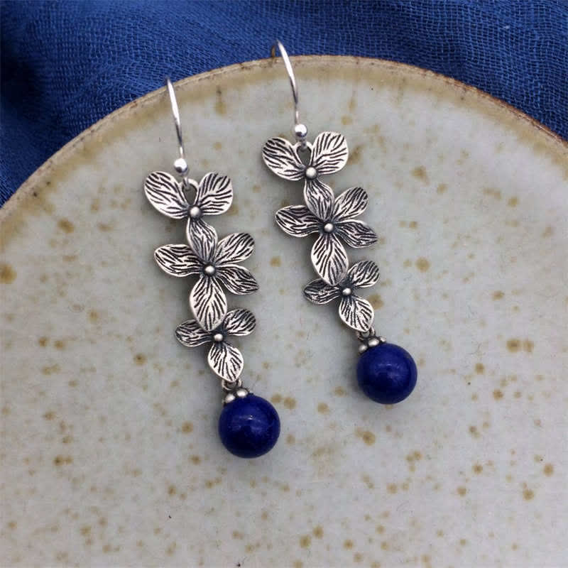 Wear FengShui 925 Sterling Silver Turquoise Lazurite Flower Leaf Serenity Protection Hook Drop Dangle Earrings