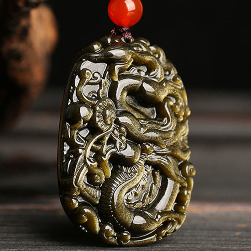 Wear FengShui Gold Sheen Obsidian Dragon Pattern Success Necklace Pendant