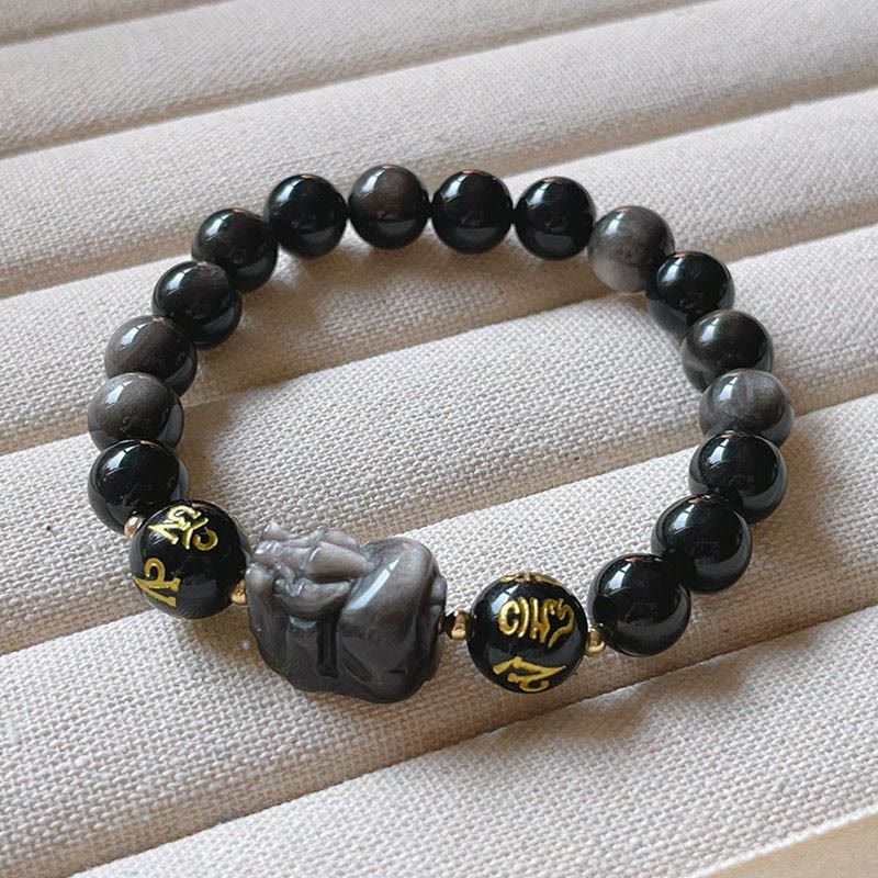 Wear FengShui Natural Silver Sheen Obsidian Black Obsidian Om Mani Padme Hum Pixiu Protection Bracelet