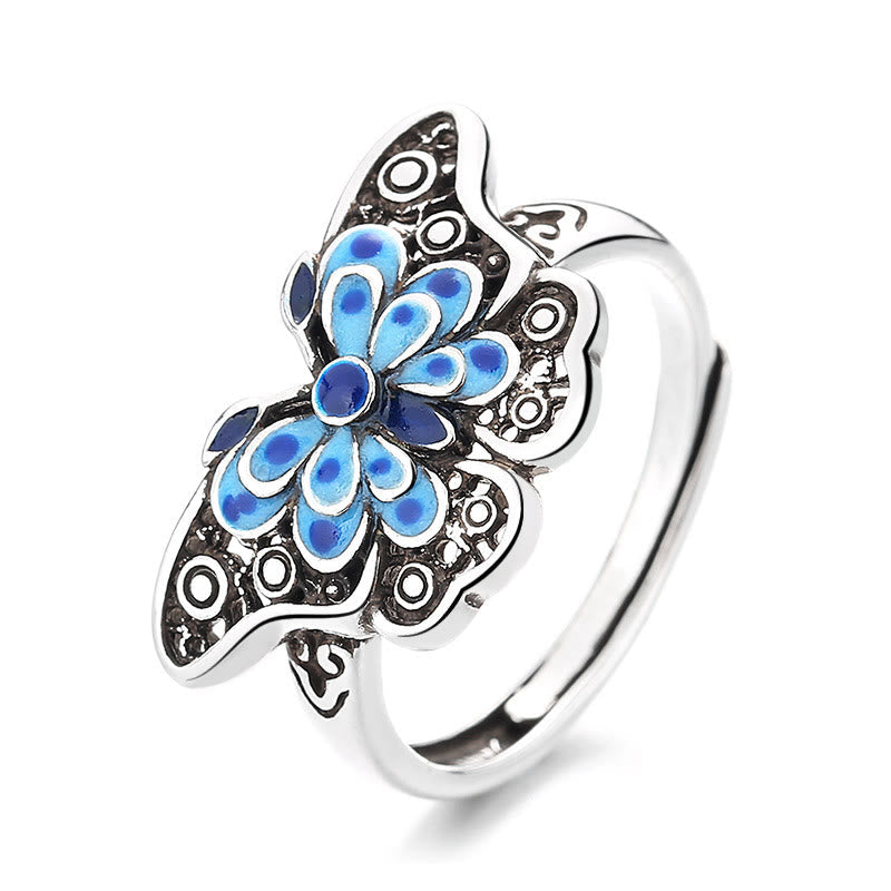 Wear FengShui Hollow Enamel Blue Butterfly Pattern Love Ring