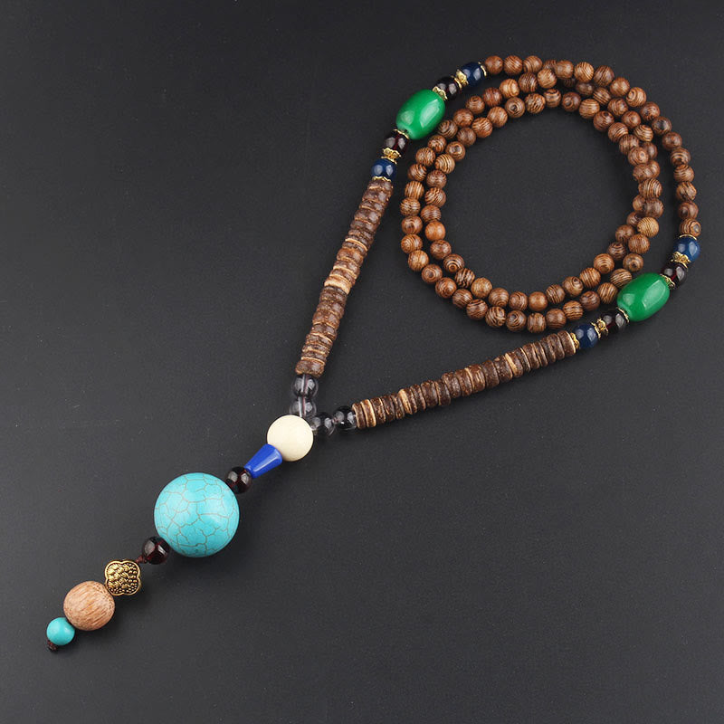 Wear FengShui Tibetan Wenge Wood Bodhi Seed Agate Balance Peace Necklace Pendant