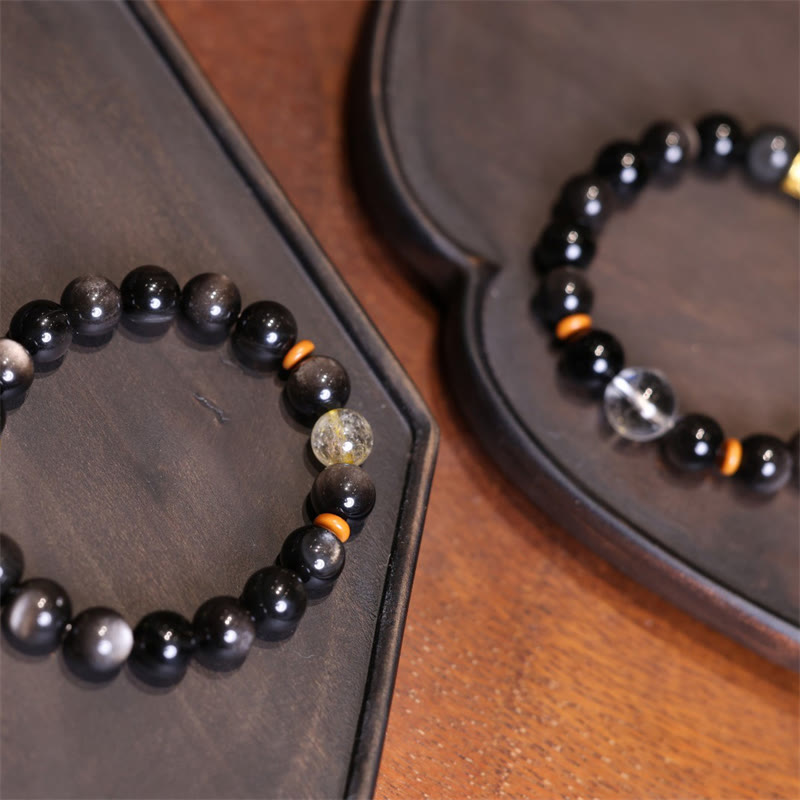 Wear FengShui Natural Silver Sheen Obsidian Crystal Om Mani Padme Hum Bead Protection Bracelet