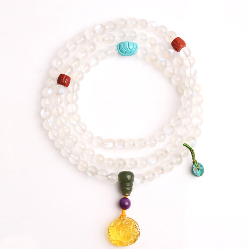 Wear FengShui 108 Mala Beads Moonstone Amber Lotus Turquoise Crystal Healing Bracelet