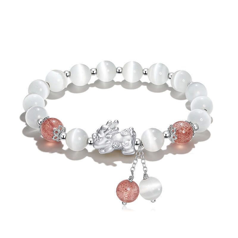 Wear FengShui Natural Cat's Eye Moonstone Strawberry Quartz PiXiu Support Bracelet