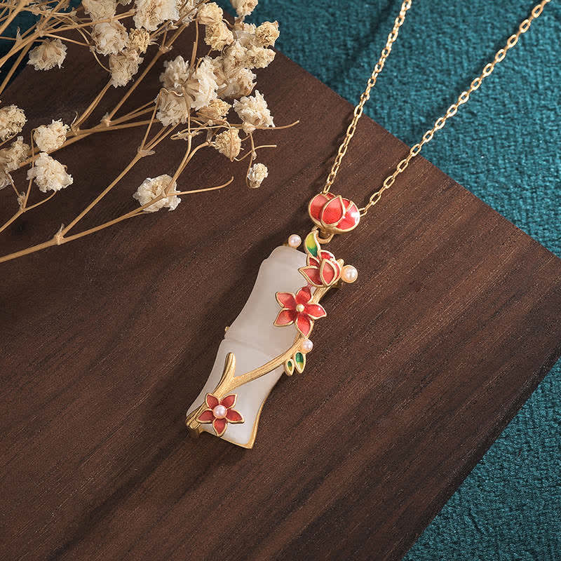 Wear FengShui White Jade Bamboo Lotus Flowers Luck Protection Necklace Pendant
