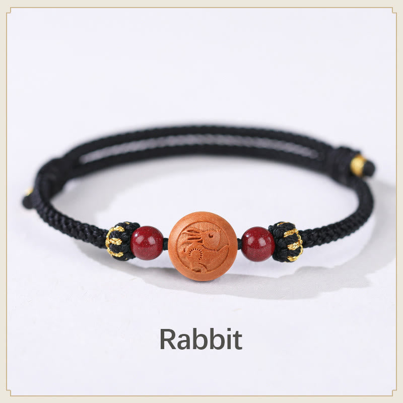 Wear FengShui Natural Peach Wood Chinese Zodiac Fu Character Carved Cinnabar Wealth Bracelet