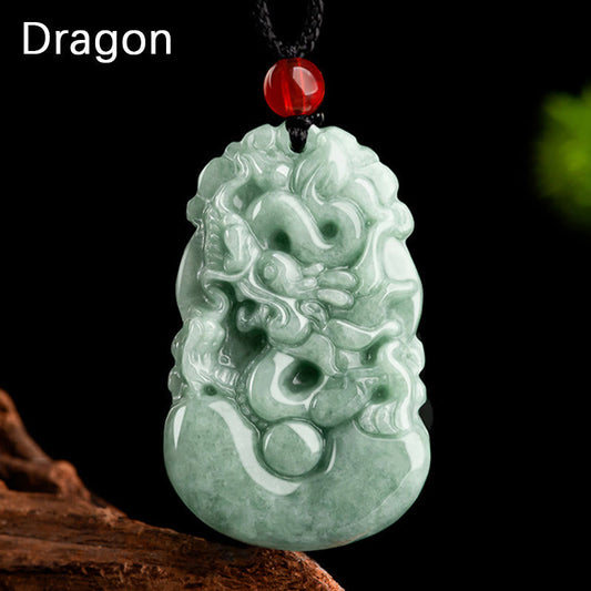 Wear FengShui Natural Green Jade 12 Chinese Zodiac Luck Prosperity Necklace Pendant