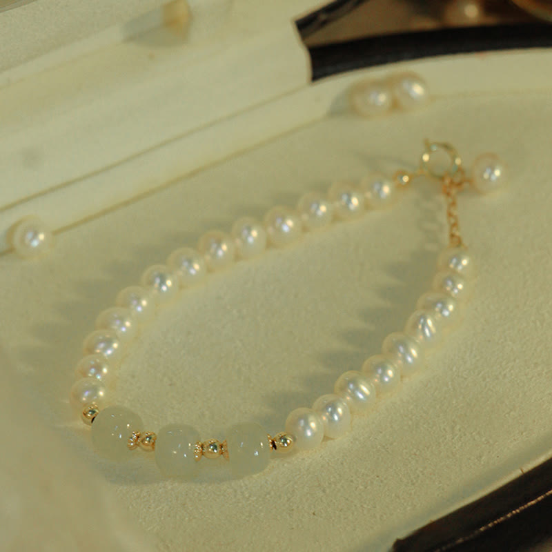 Wear FengShui 14K Gold Plated Natural Pearl Hetian Cyan Jade White Jade Sincerity Bead Chain Bracelet