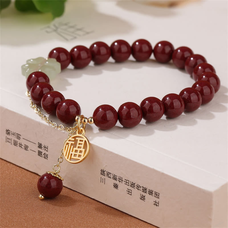 Wear FengShui Cinnabar Fu Character Hetian Jade Lucky Four Leaf Clover Blessing Bracelet