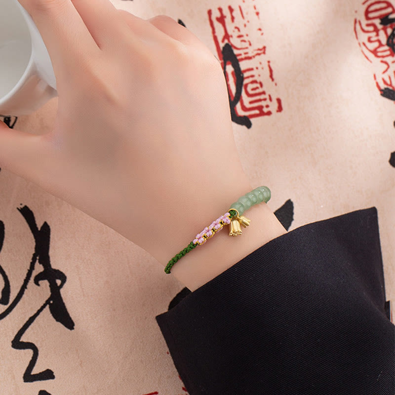 Wear FengShui Handmade Jade Bead Lily of the Valley Charm Luck Braided Bracelet