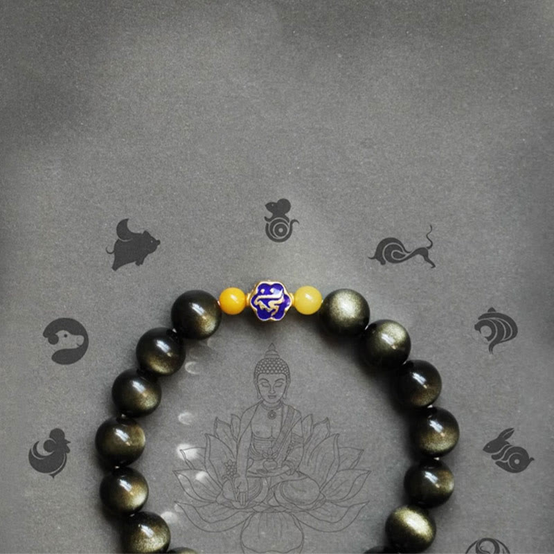 Wear FengShui 925 Sterling Silver Chinese Zodiac Natal Buddha Natural Gold Sheen Obsidian Amber Wealth Protection Bracelet