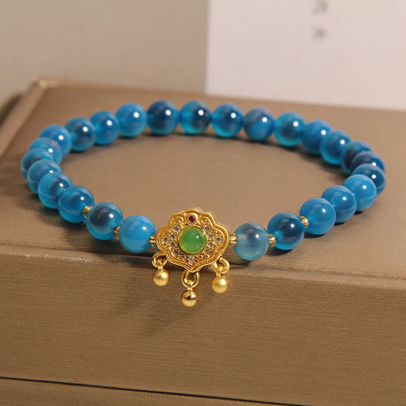 Wear FengShui Blue Candy Agate Chinese Lock Charm Healing Bracelet