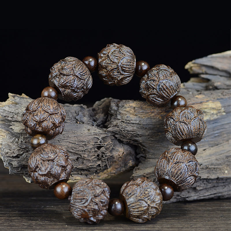 Wear FengShui Ebony Wood Eighteen Arhats Lotus Dragon Engraved Balance Bracelet