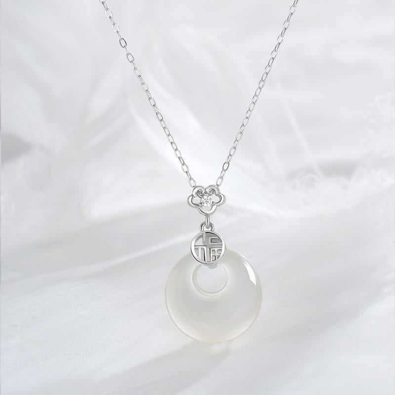 Wear FengShui 925 Sterling Silver White Agate Fu Character Happiness Luck Necklace Pendant