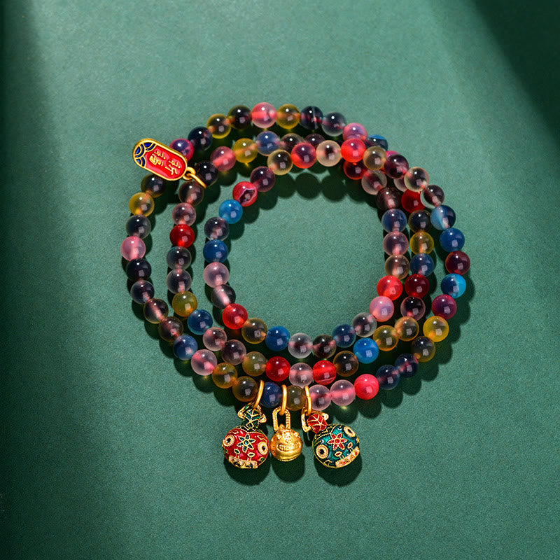 Wear FengShui Colorful Candy Agate Gold Swallowing Beast Family Strength Charm Triple Wrap Bracelet