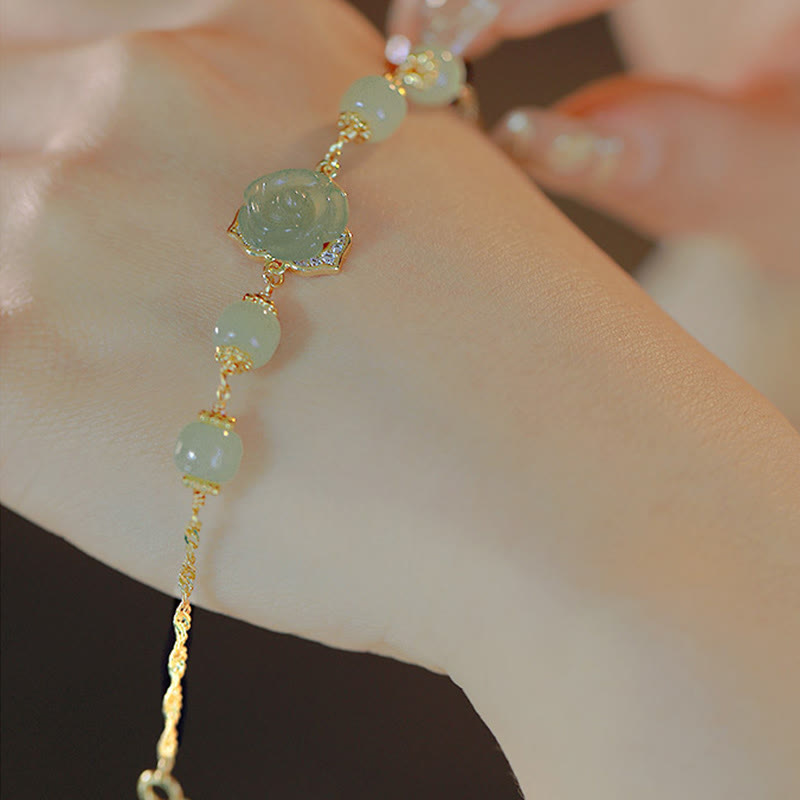 Wear FengShui 14K Gold Plated Hetian Jade Rose Flower Luck Chain Bracelet