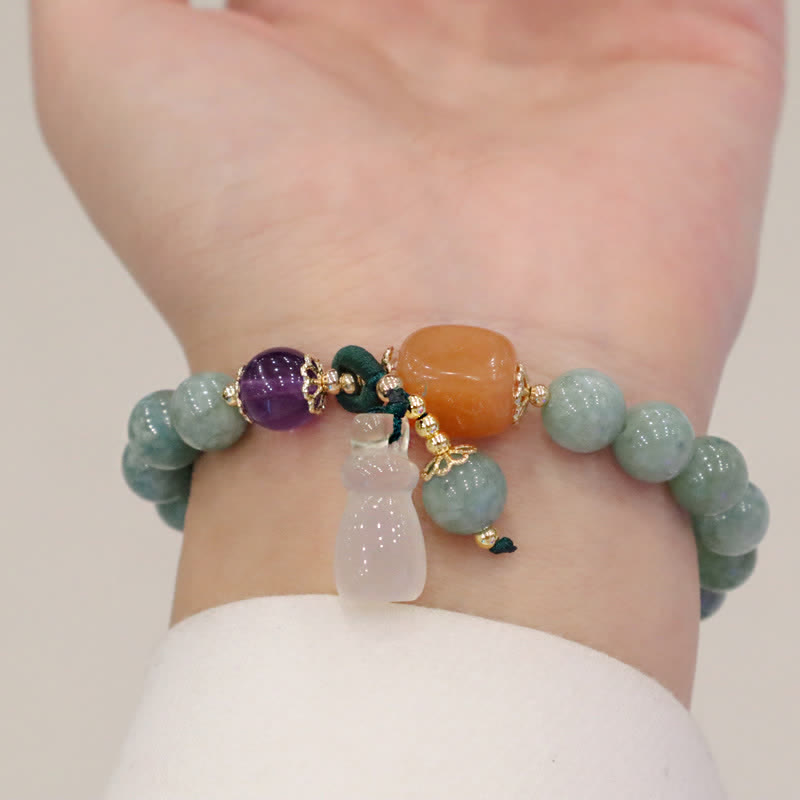 Wear FengShui Cyan Jade Lotus Pumpkin Wish Peace Buckle Amethyst Crystal Healing Bracelet
