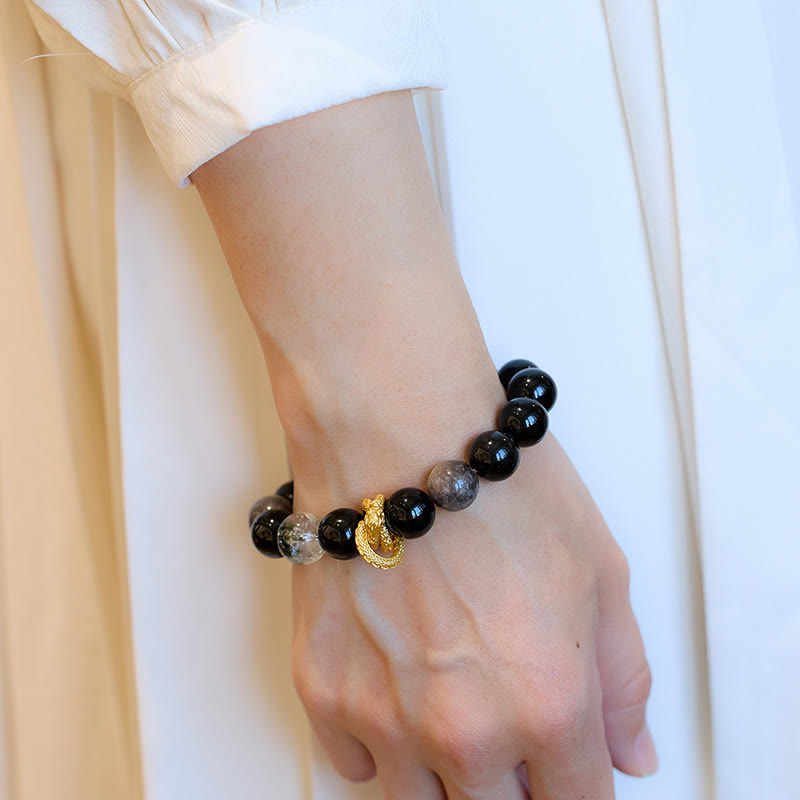Wear FengShui Natural Silver Sheen Obsidian Dragon Green Phantom Protection Bracelet