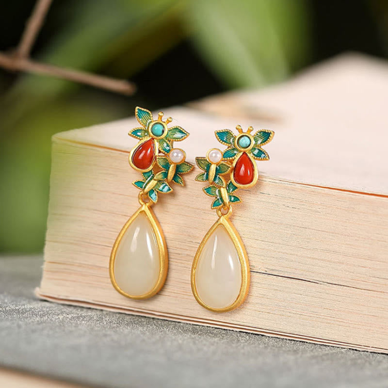 Wear FengShui Water Drop White Jade Red Agate Butterfly Protection Drop Dangle Earrings