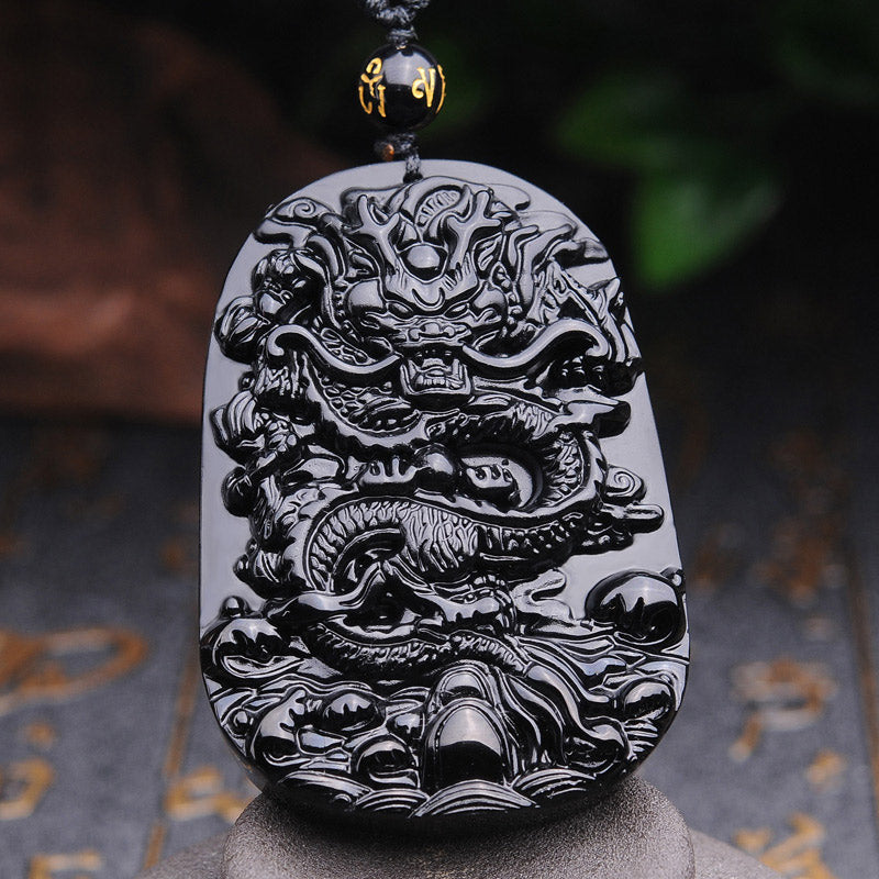 Wear FengShui Black Obsidian Stone Dragon Fulfilment Pendant Necklace