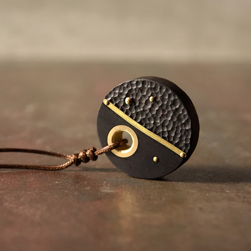 Wear FengShui Handcrafted Round Ebony Wood Brass Copper Peace Necklace Pendant