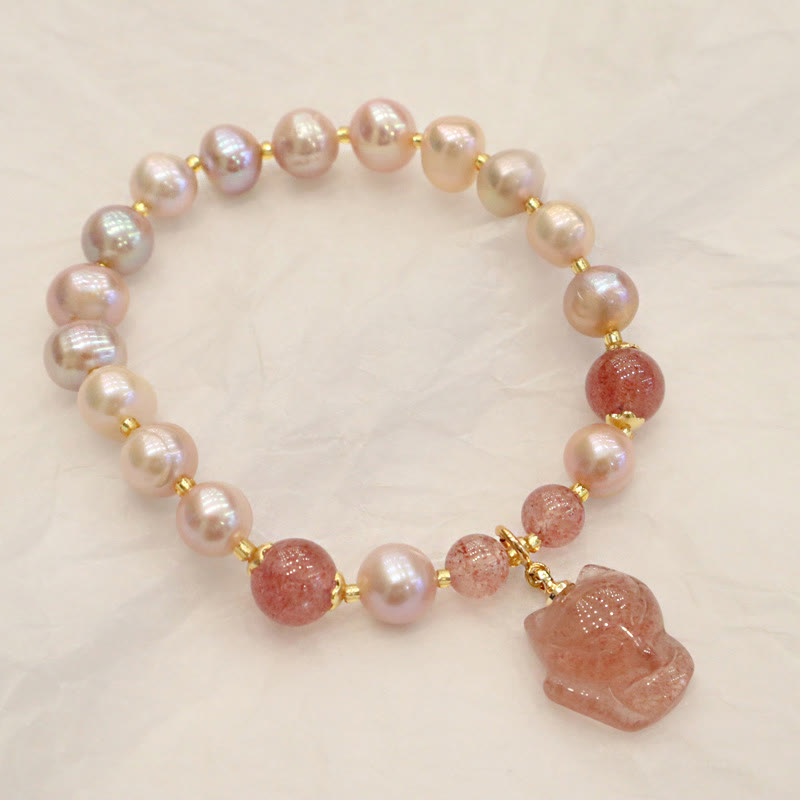 Wear FengShui Natural Pearl Strawberry Quartz Cute Fox Love Healing Charm Bracelet