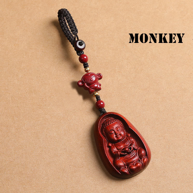 Wear FengShui Small Leaf Red Sandalwood Buddha Cinnabar Chinese Zodiac Amulet Protection Key Chain