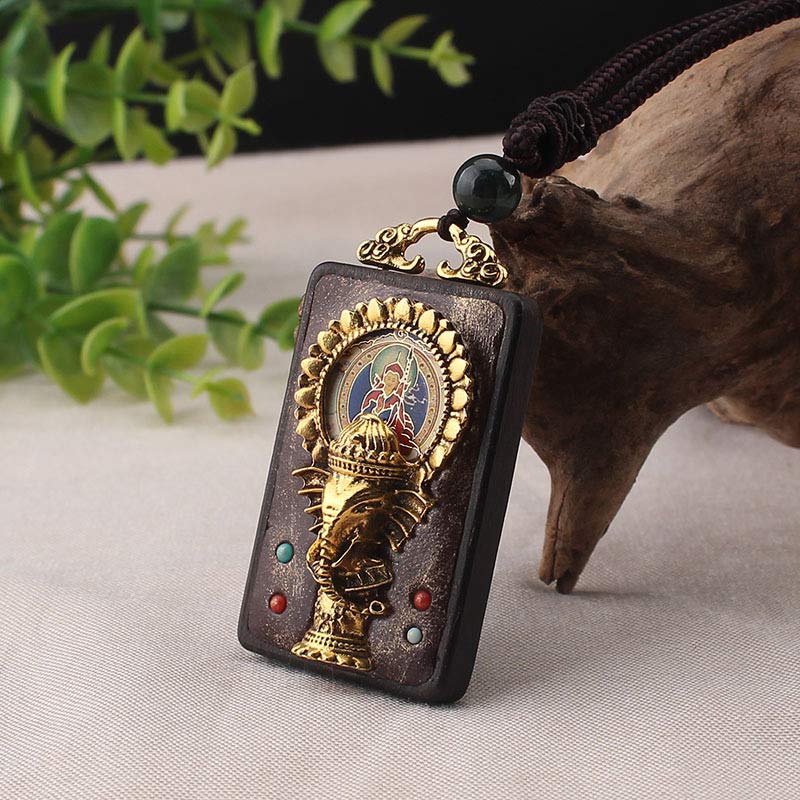 Wear FengShui Ebony Wood Elephant God of Fortune Buddha Blessing Necklace String Pendant