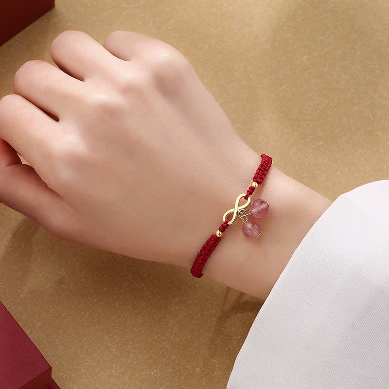 Wear FengShui Strawberry Quartz Crystal Endless Knot Love Healing Red String Weave Bracelet