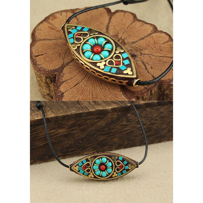 Wear FengShui Tibet Turquoise Bead Marquise Pattern Protection Strength Necklace Pendant