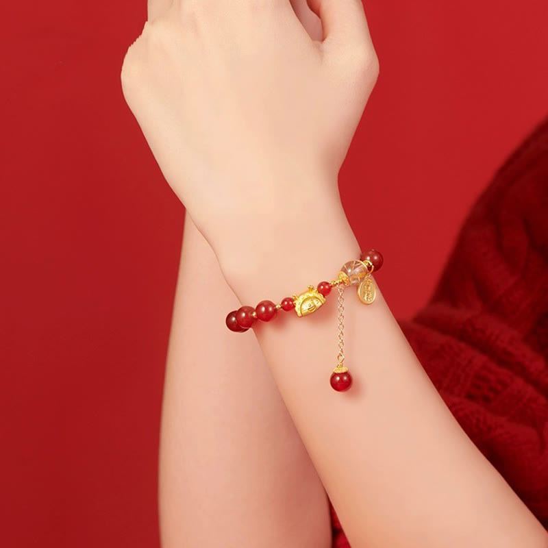 Wear FengShui Year of the Dragon Dumpling Natural Red Agate Garnet Hetian Jade Fu Character Luck Success Bracelet