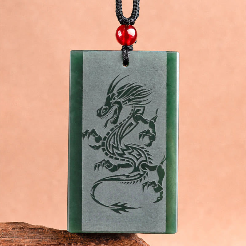 Wear FengShui Hetian Cyan Jade Dragon Engraved Success Necklace Pendant