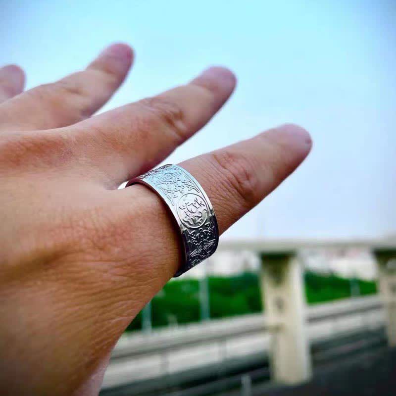 Wear FengShui Four Guardian Beast Dragon White Tiger Suzaku Basalt Carved Success Luck Ring