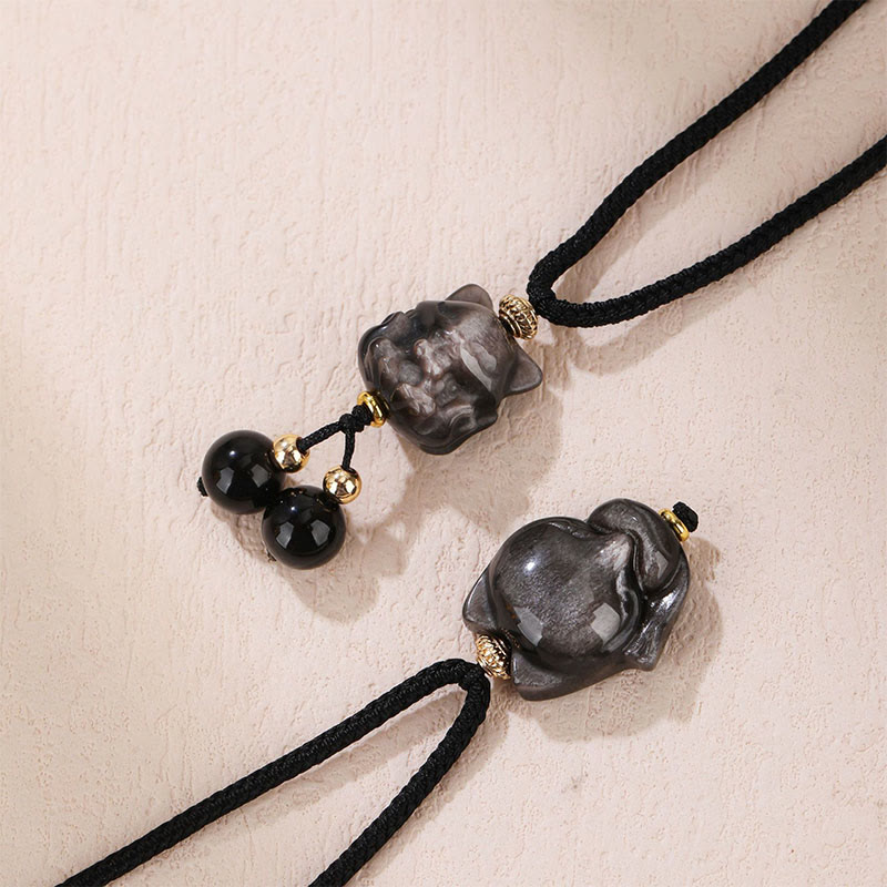 Wear FengShui Natural Silver Sheen Obsidian Nine Tailed Fox Protection Necklace Pendant
