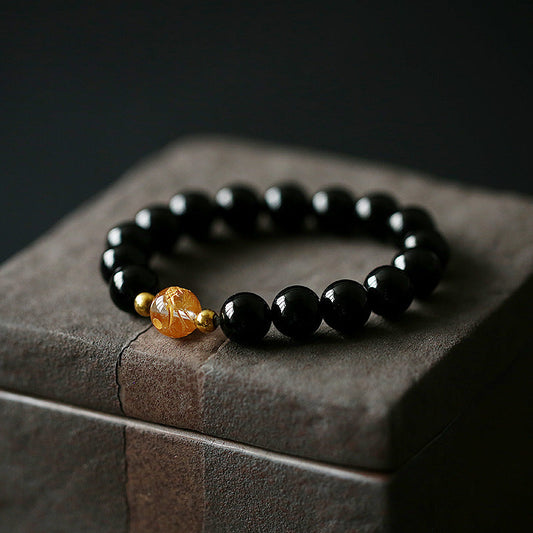 Wear FengShui Natural Black Obsidian White Crystal Black Onyx Dragon Strength Bracelet