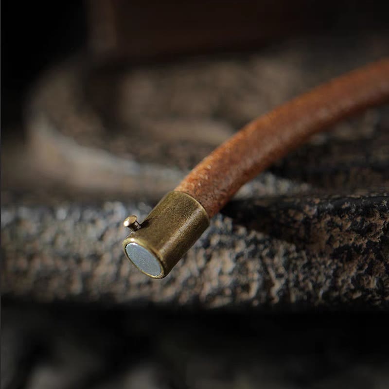 Wear FengShui Retro Leather Luck Healing Copper Magnetic Buckle Bracelet